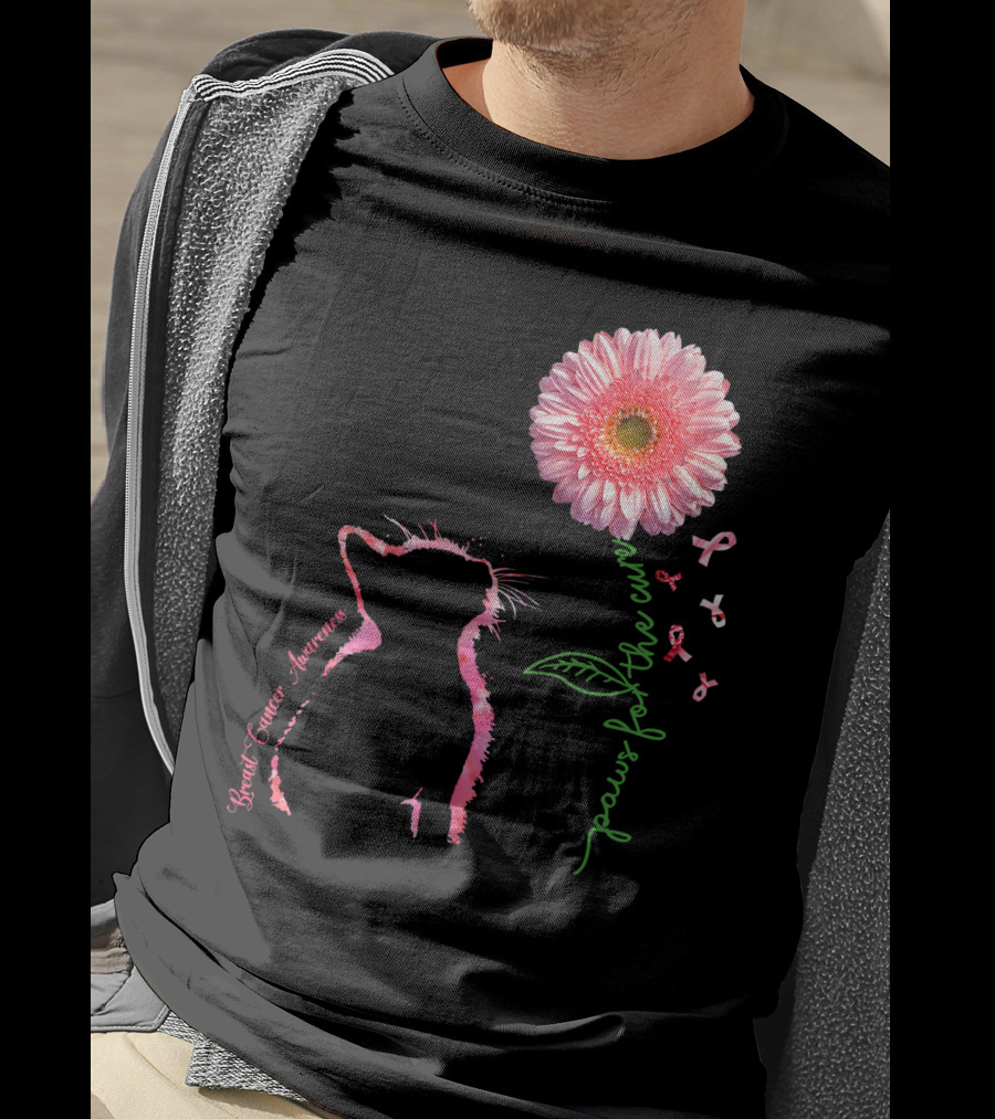 Paws For The Cure Breast Cancer Awareness Cat Pink Flower T-Shirt