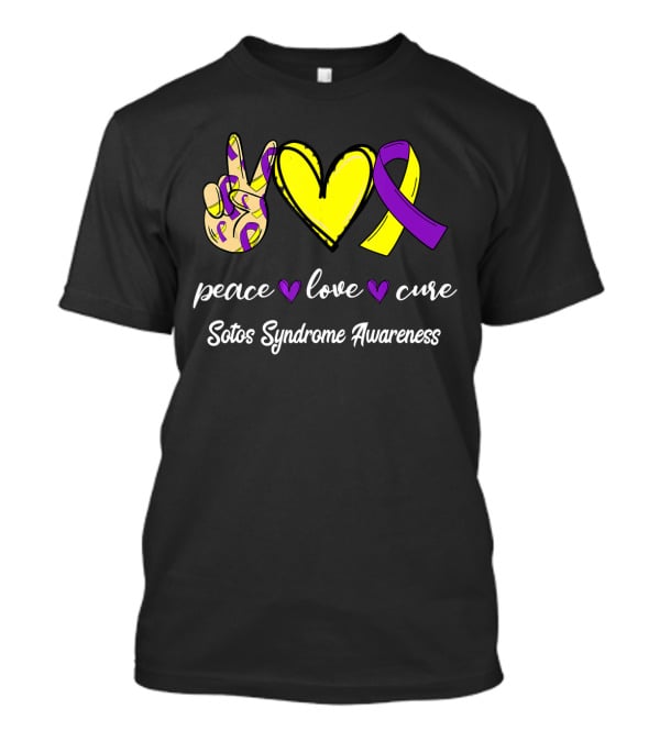 Peace Love Cure Yellow Heart Purple Ribbon Sotos Syndrome Awareness T-Shirt