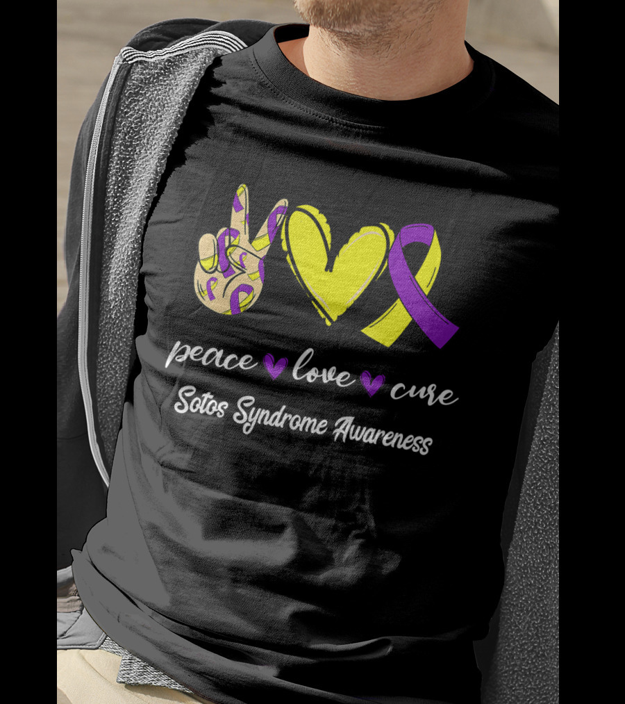 Peace Love Cure Yellow Heart Purple Ribbon Sotos Syndrome Awareness T-Shirt