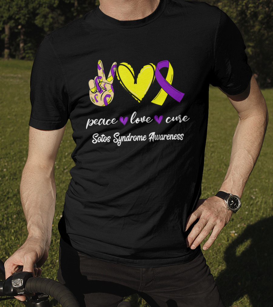 Peace Love Cure Yellow Heart Purple Ribbon Sotos Syndrome Awareness T-Shirt