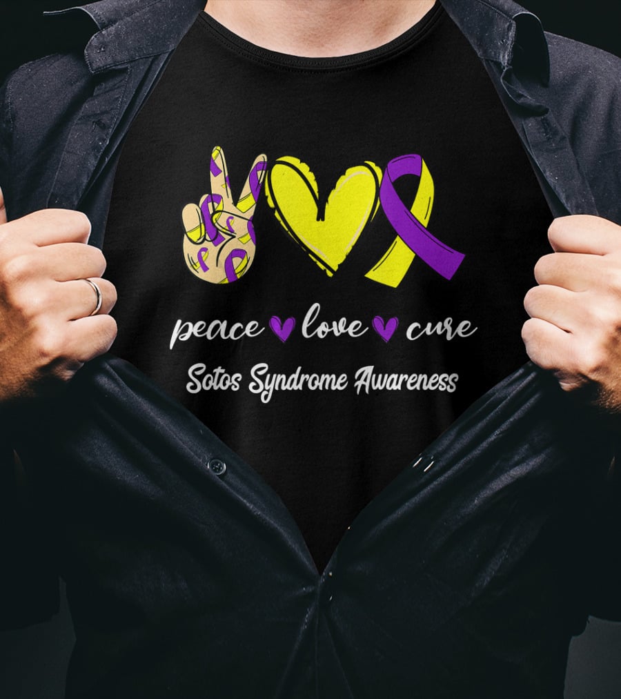 Peace Love Cure Yellow Heart Purple Ribbon Sotos Syndrome Awareness T-Shirt