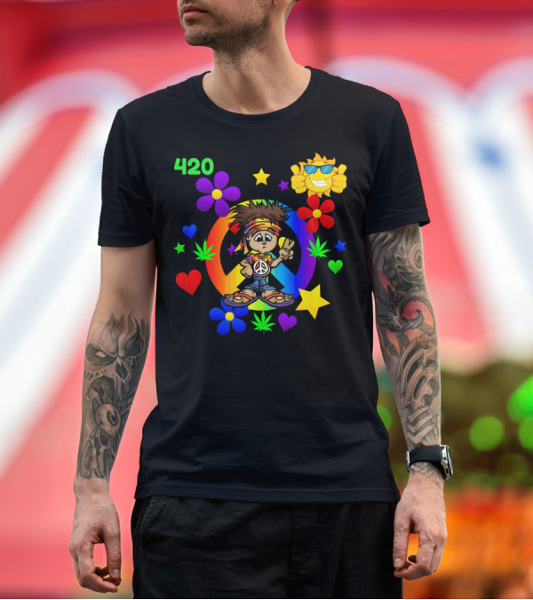 Premium T-Shirt: 420 Peace Sign Hippie Cartoon with Sun and Colorful Flowers T-Shirt 420 Peace Sign Hippie Cartoon with Sun and Colorful Flowers T-Shirt