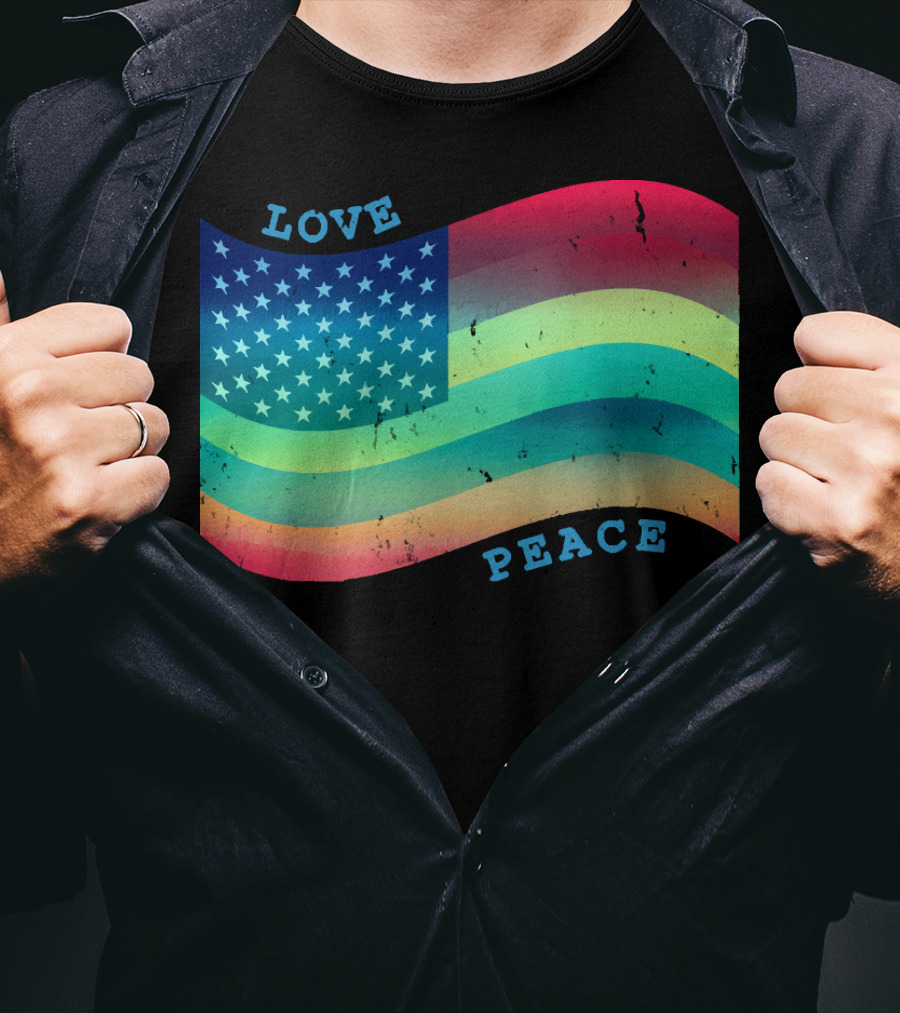 Love Peace Pride Rainbow American Flag T-Shirt