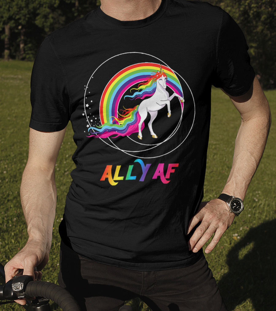 Rainbow Pride Ally AF Unicorn With Rainbow Pride Flag Colors T-Shirt
