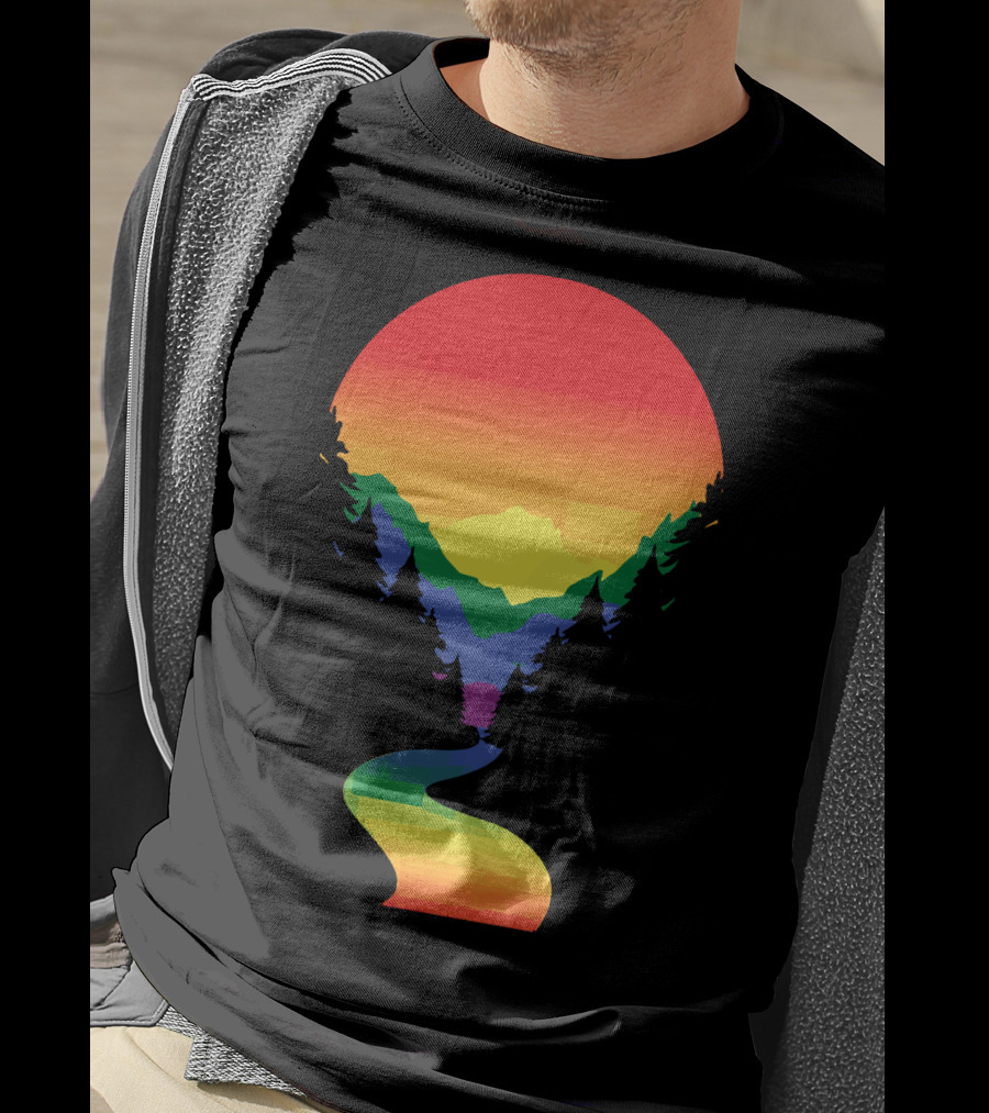 Rainbow Pride Sunset Silhouette Mountains Forest Pathway T-Shirt