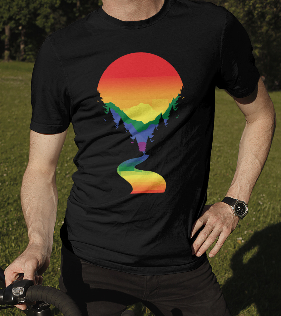 Rainbow Pride Sunset Silhouette Mountains Forest Pathway T-Shirt