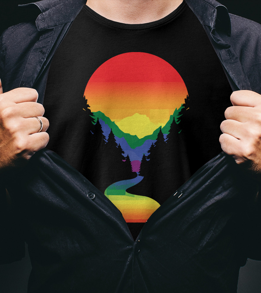Rainbow Pride Sunset Silhouette Mountains Forest Pathway T-Shirt