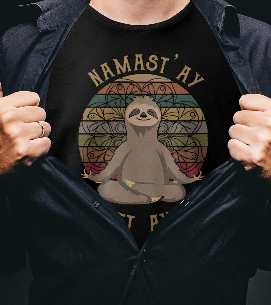 Namast'ay 6 Feet Away Retro Sunset Sloth Yoga Meditation T-Shirt