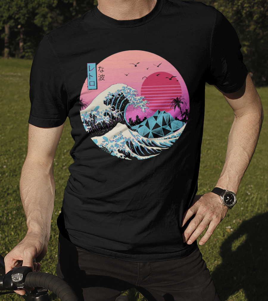 Retro Wave: The Great Sunset Surf With Palm Trees And Geometric Mountains T-Shirt