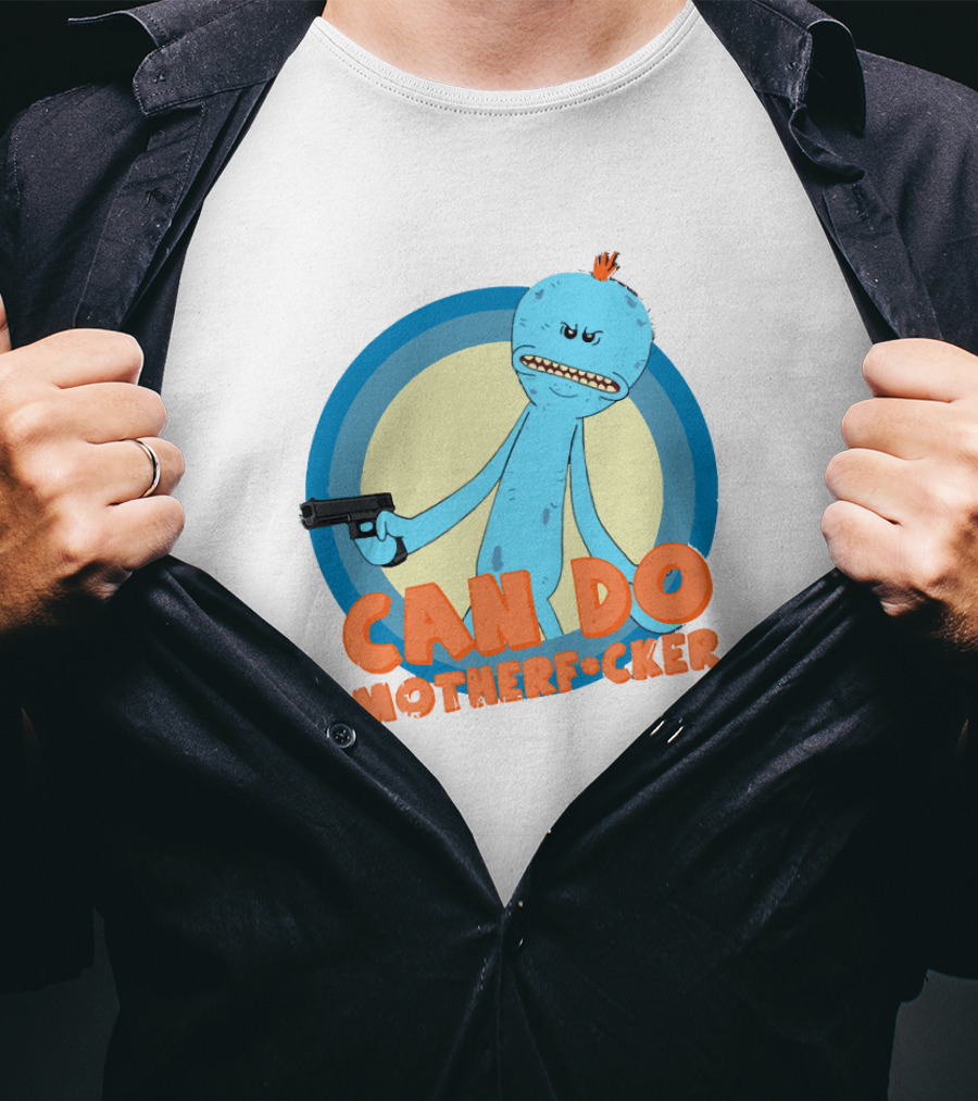 Can Do Motherfcker Gun-Wielding Blue Character With Orange Hair T-Shirt