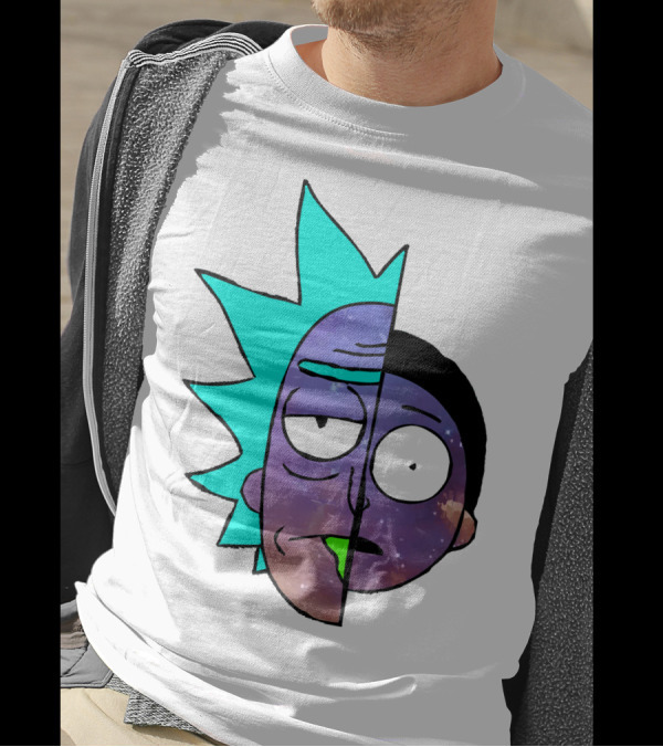 Galactic Rick And Morty Faces Cosmic Split Large T-Shirt