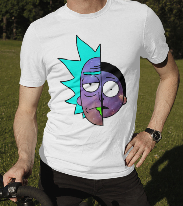 Galactic Rick And Morty Faces Cosmic Split Large T-Shirt