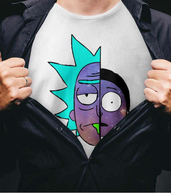 Galactic Rick And Morty Faces Cosmic Split Large T-Shirt