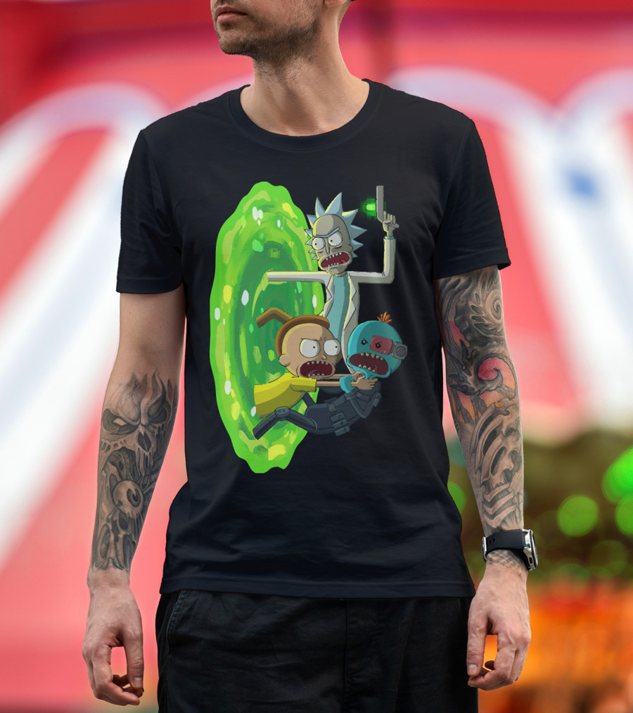 Rick and Morty Portal Escape with Meeseeks Cyborg Adventure T-Shirt