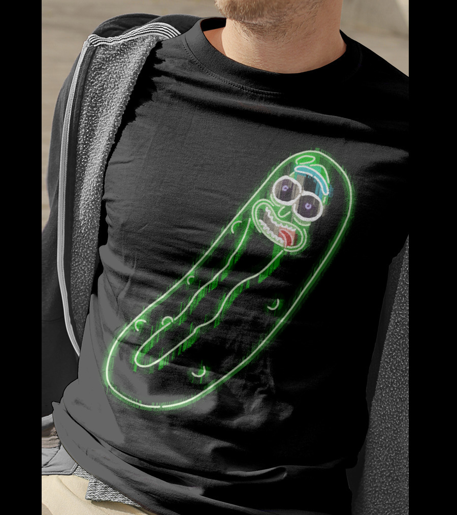 Neon Pickle Rick Left Pocket Glowing Expression T-Shirt