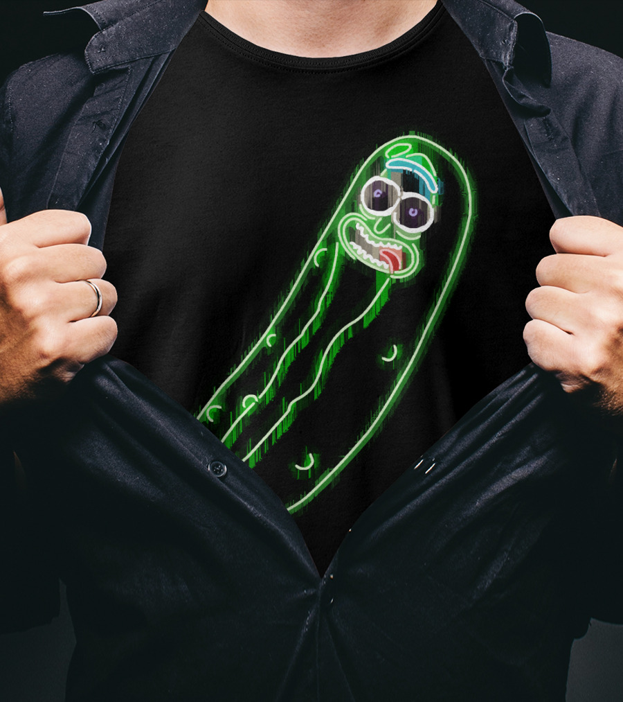 Neon Pickle Rick Left Pocket Glowing Expression T-Shirt