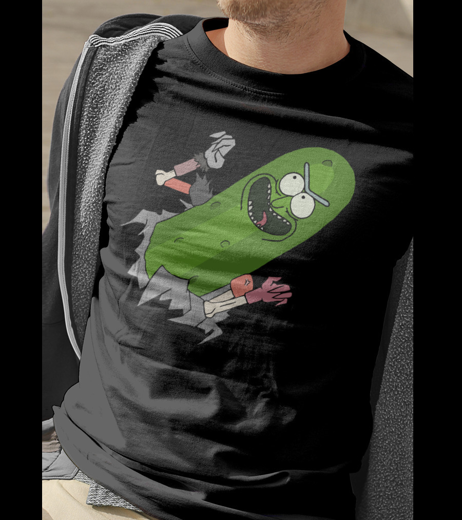 Pickle Rick Breaking Through Punching Action T-Shirt