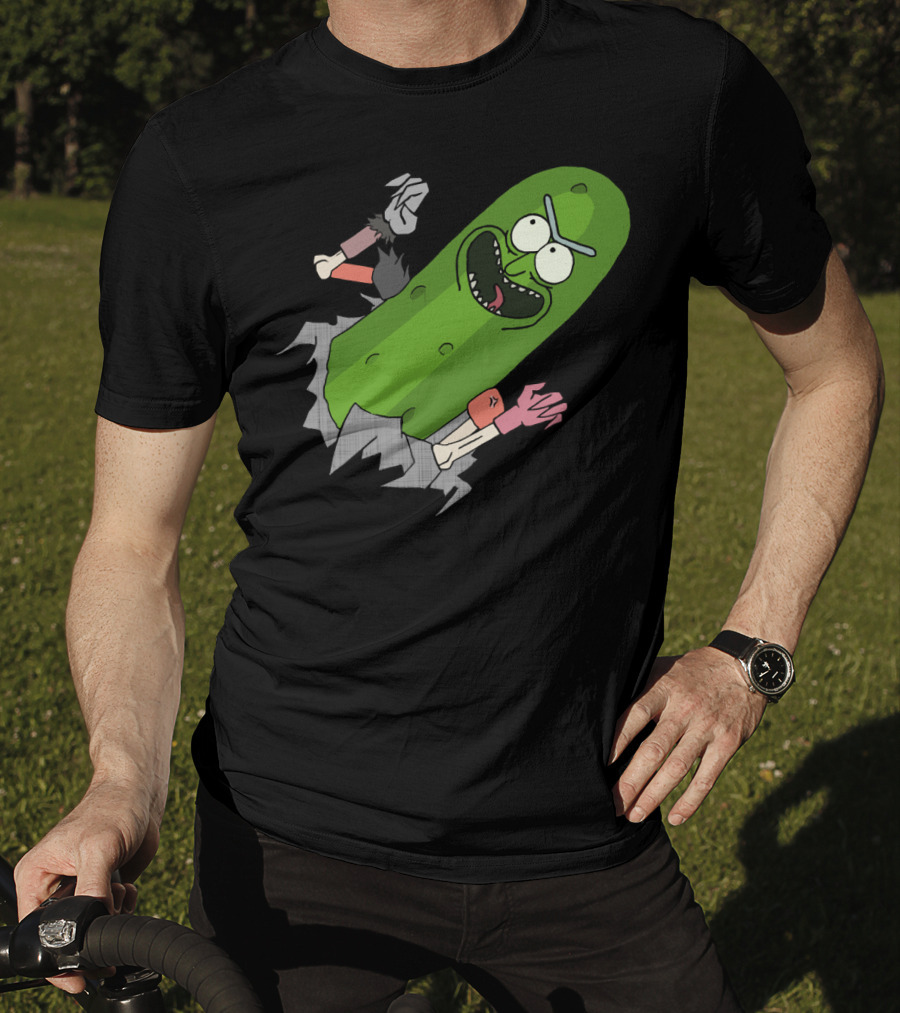 Pickle Rick Breaking Through Punching Action T-Shirt