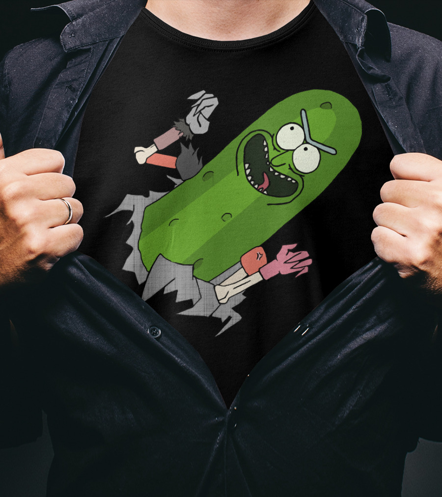 Pickle Rick Breaking Through Punching Action T-Shirt