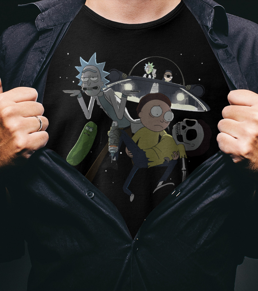 Pickle Rick And Morty Spaceship Adventure With Skeleton Rick And Morty T-Shirt