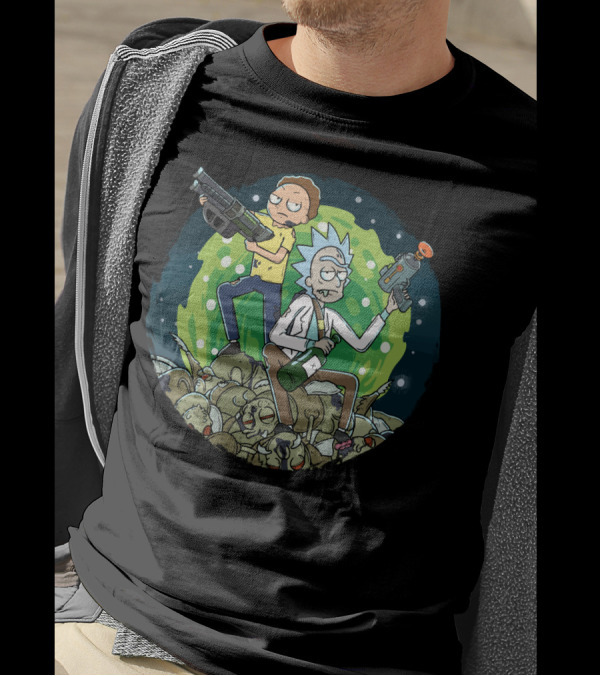 Rick And Morty Battle Against The Gromflomites In Outer Space Adventure Background T-Shirt
