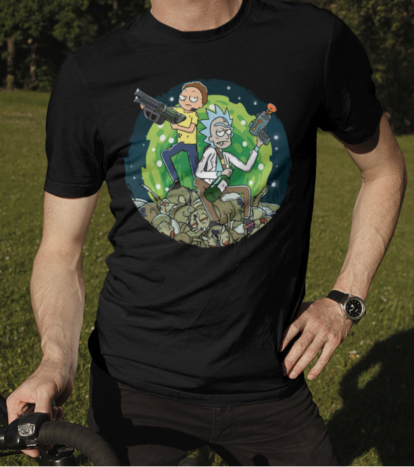 Rick And Morty Battle Against The Gromflomites In Outer Space Adventure Background T-Shirt