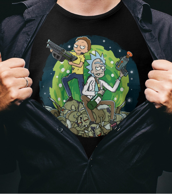 Rick And Morty Battle Against The Gromflomites In Outer Space Adventure Background T-Shirt
