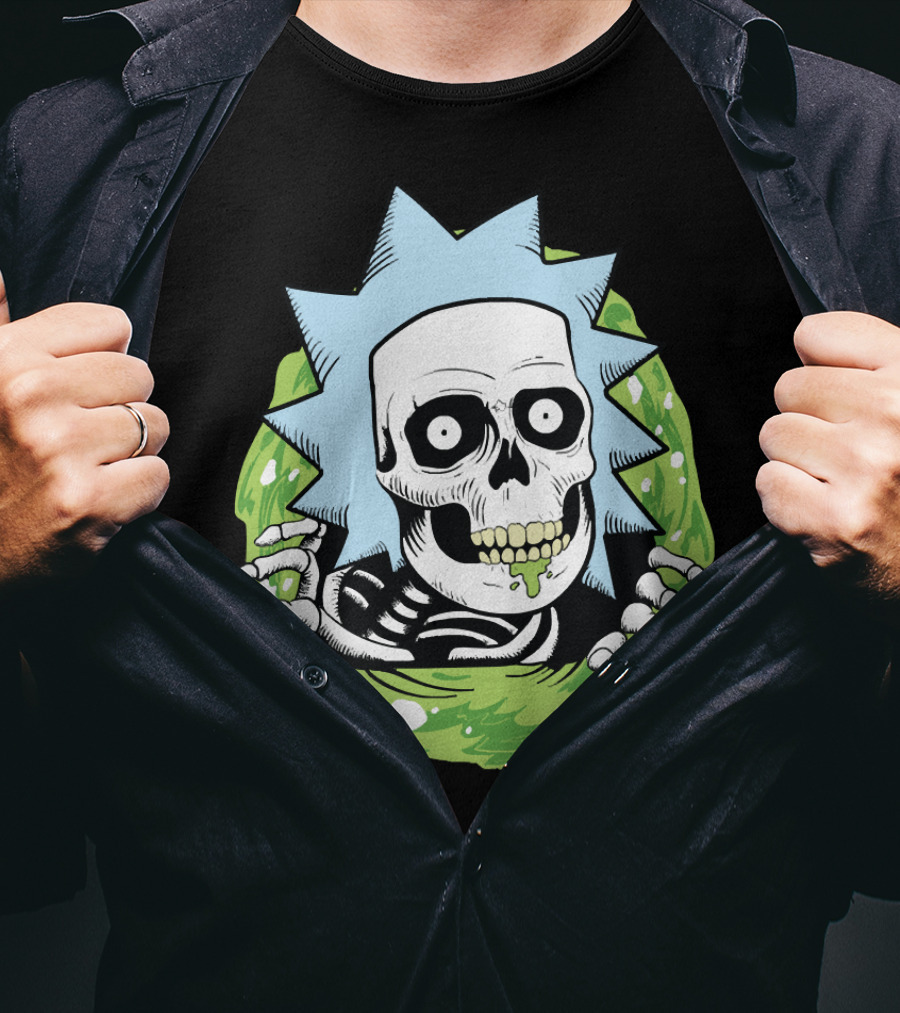 Rick Ripper Skeleton Portal Graphic Blue Hair Green Slime T-Shirt