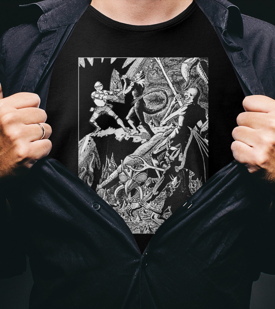 PALADIN IN HELL Classic Dungeon Adventure Battle Scene With Demons And Warriors T-Shirt