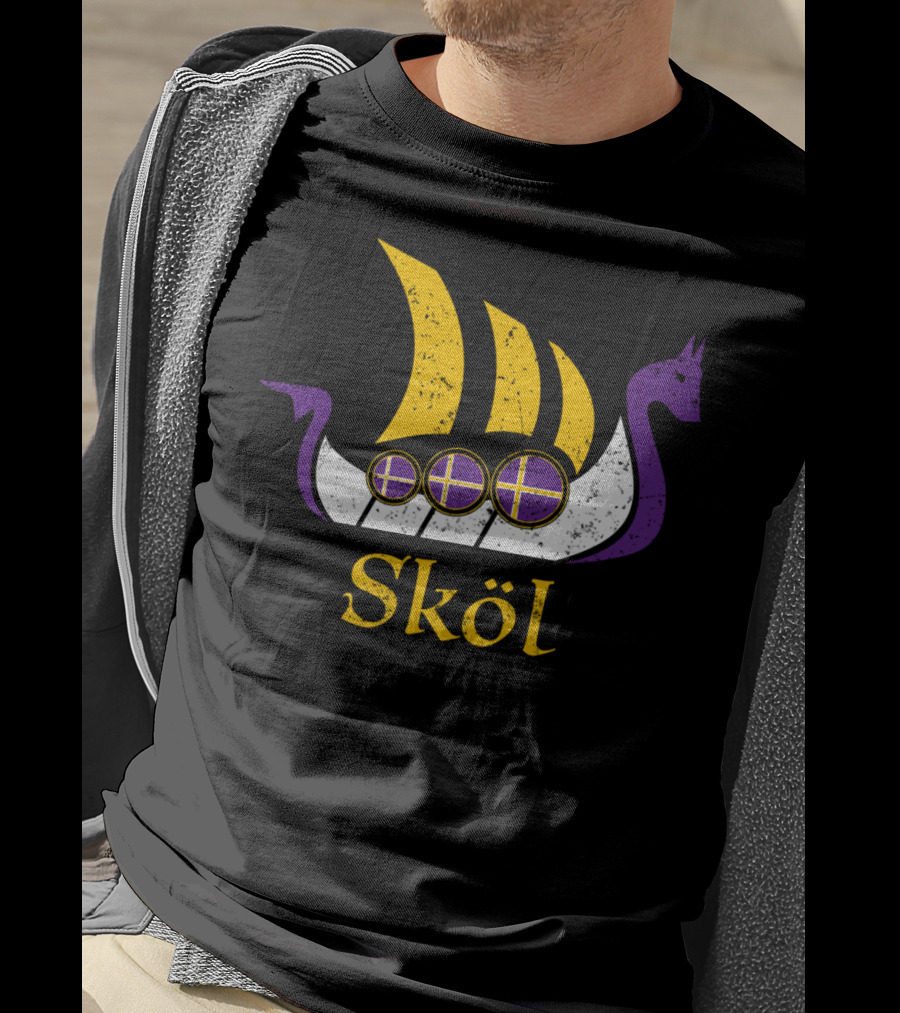 Skol Nordic Scandinavian Vikings Boat With Purple And Yellow Dragon Head T-Shirt