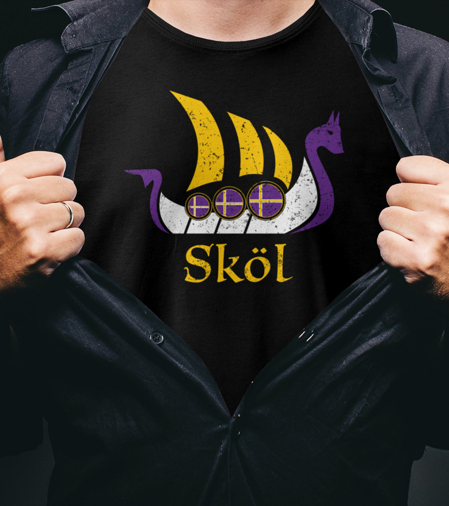 Skol Nordic Scandinavian Vikings Boat With Purple And Yellow Dragon Head T-Shirt