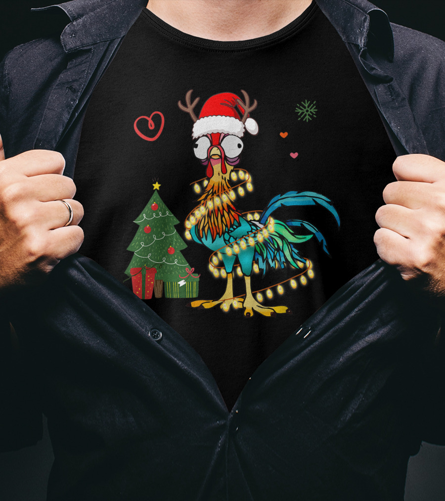 Chicken Reindeer Christmas Lights Santa Hat Christmas Tree T-Shirt