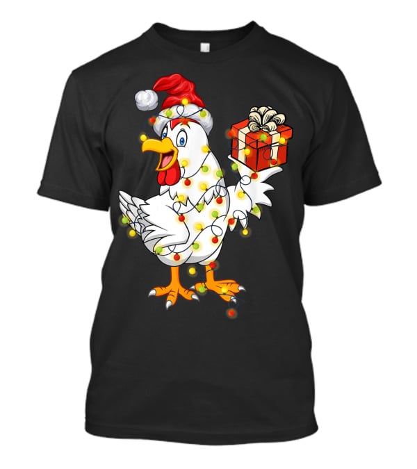 Funny Chicken Wrapped In Christmas Lights With Santa Hat And Gift T-Shirt