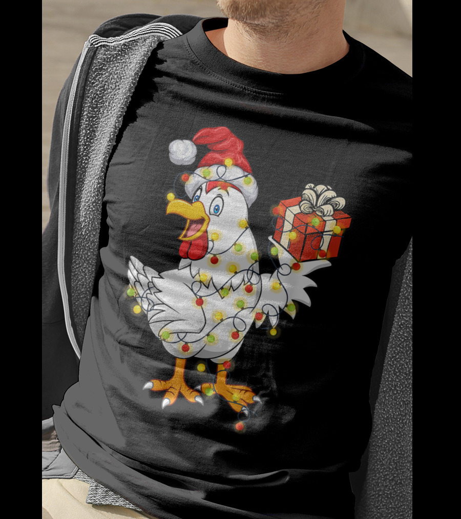 Funny Chicken Wrapped In Christmas Lights With Santa Hat And Gift T-Shirt