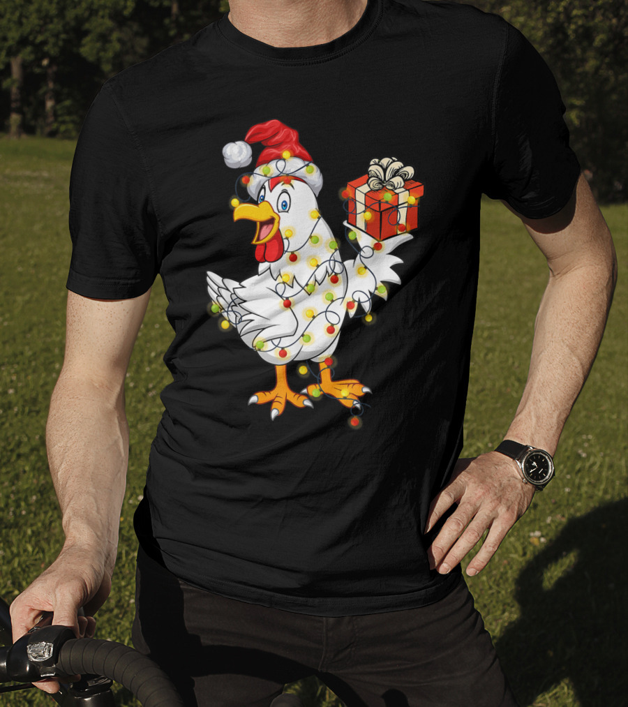 Funny Chicken Wrapped In Christmas Lights With Santa Hat And Gift T-Shirt