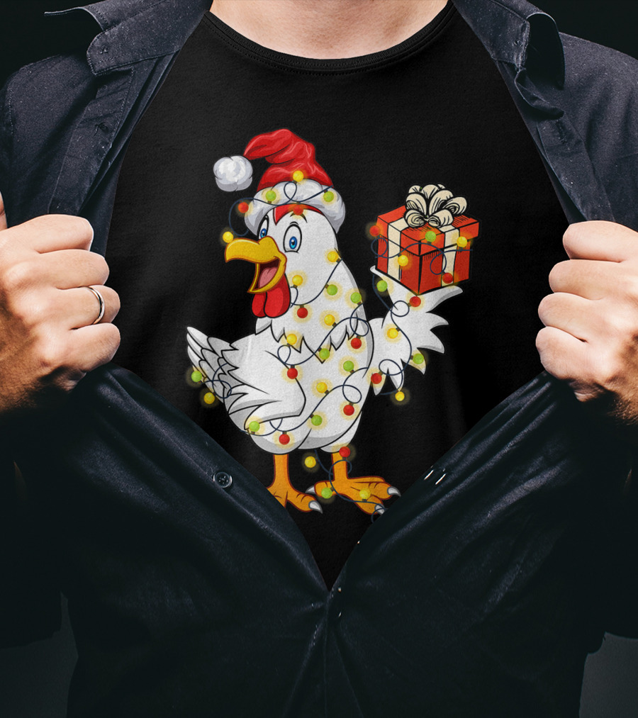 Funny Chicken Wrapped In Christmas Lights With Santa Hat And Gift T-Shirt