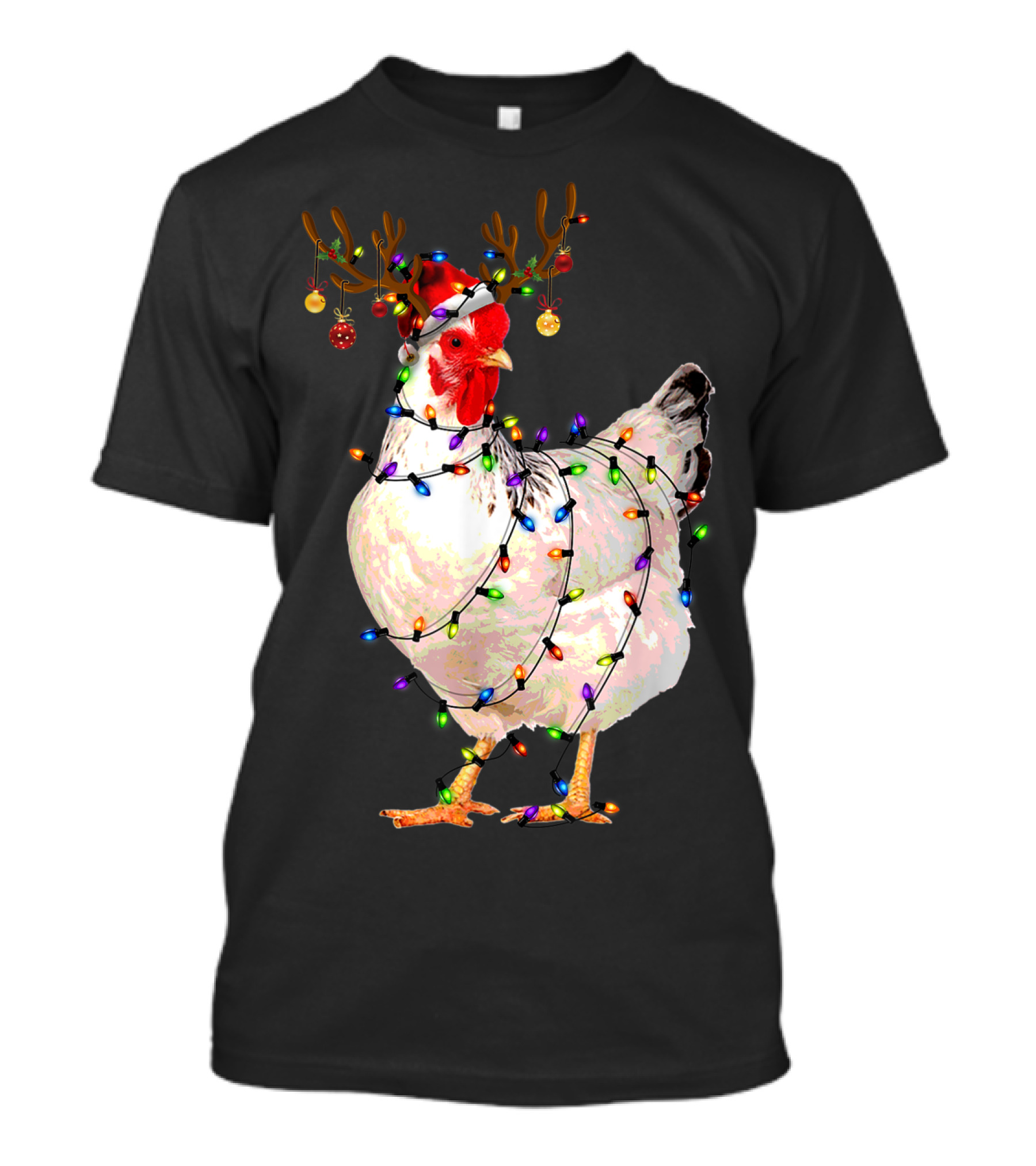Funny Chicken Wearing Reindeer Antlers And Christmas Lights T-Shirt