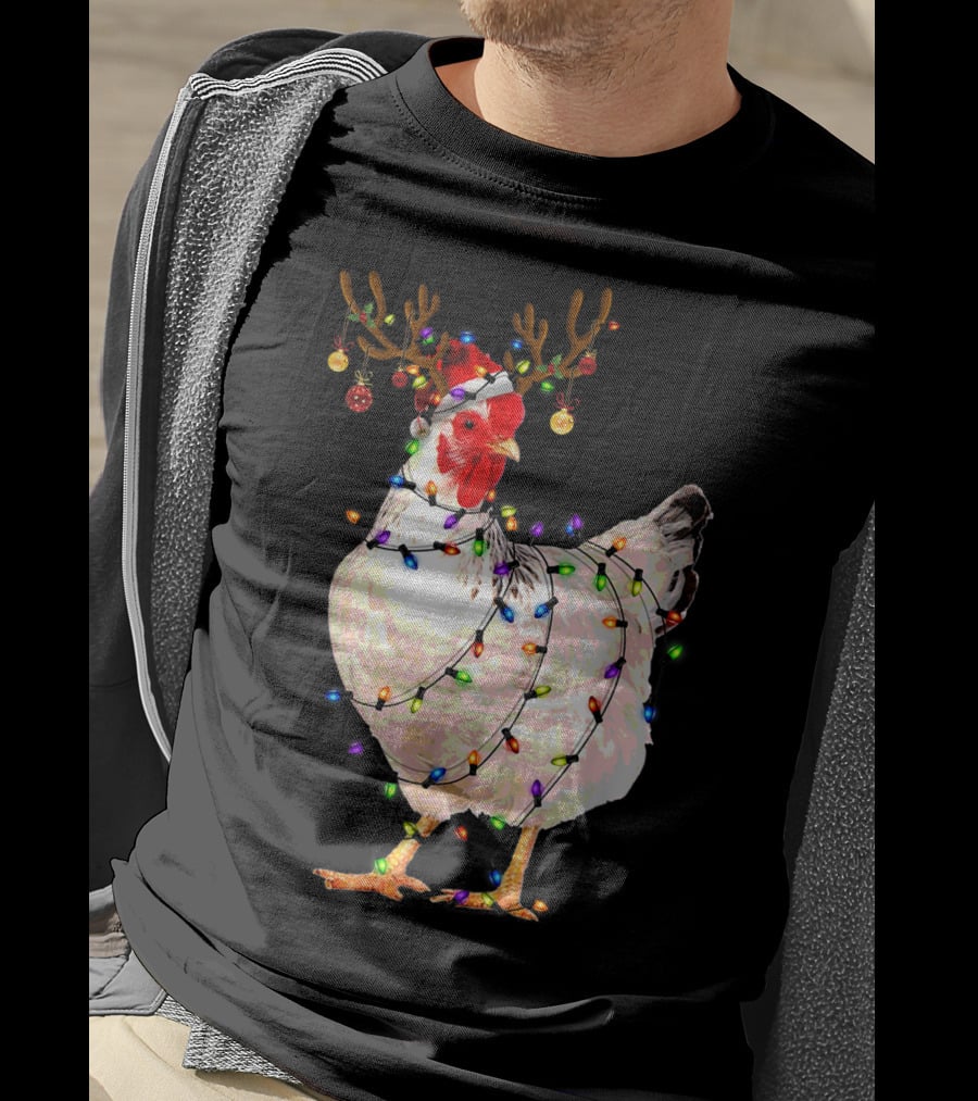 Funny Chicken Wearing Reindeer Antlers And Christmas Lights T-Shirt