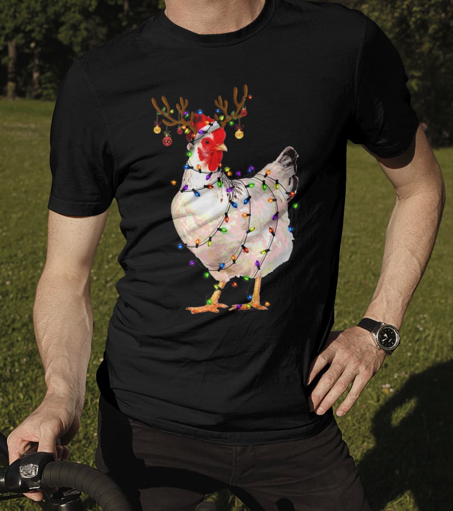 Funny Chicken Wearing Reindeer Antlers And Christmas Lights T-Shirt