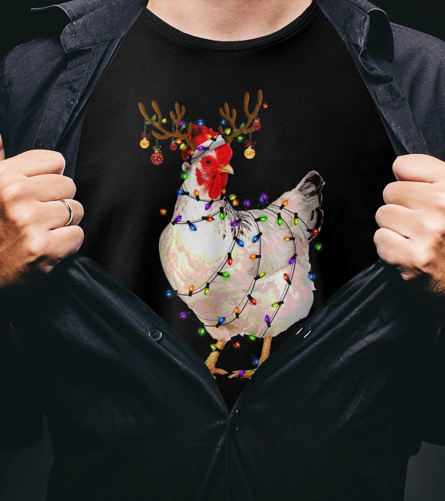 Funny Chicken Wearing Reindeer Antlers And Christmas Lights T-Shirt