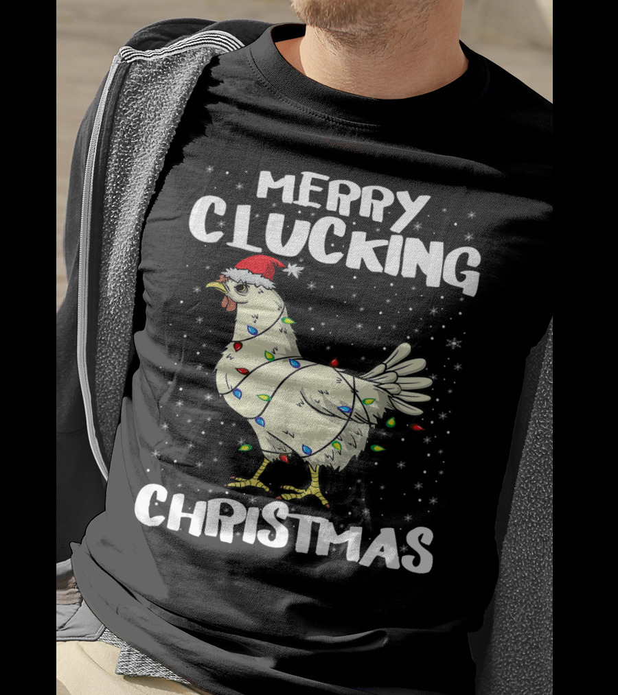 Merry Clucking Christmas Chicken Santa Hat Lights T-Shirt