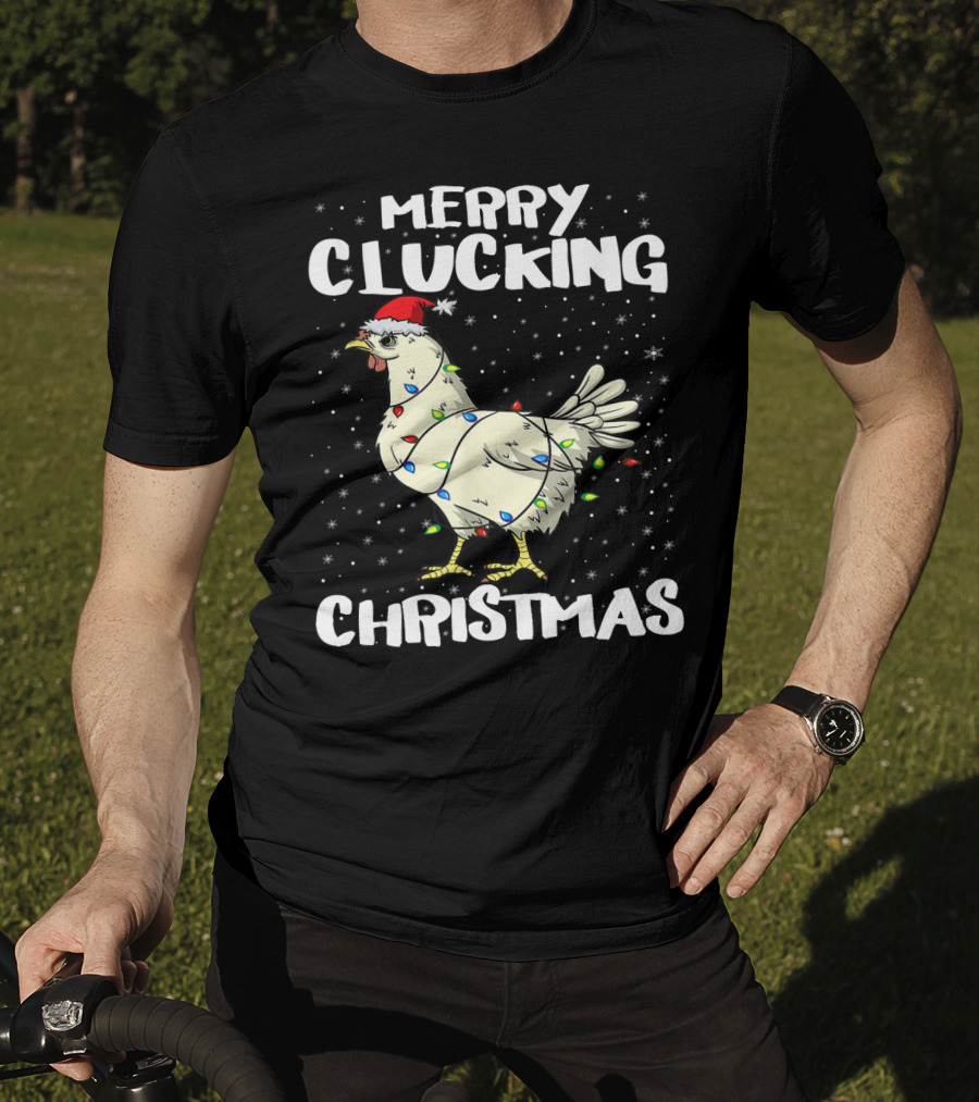 Merry Clucking Christmas Chicken Santa Hat Lights T-Shirt