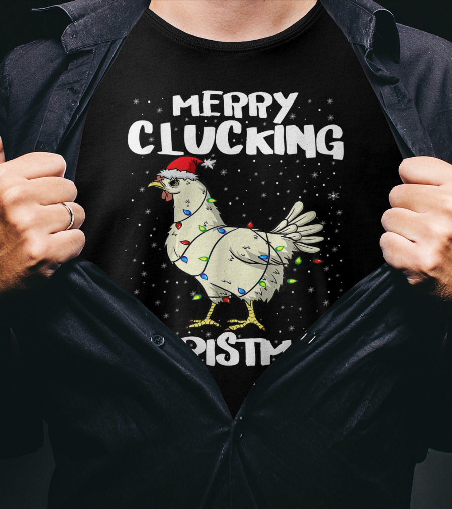 Merry Clucking Christmas Chicken Santa Hat Lights T-Shirt