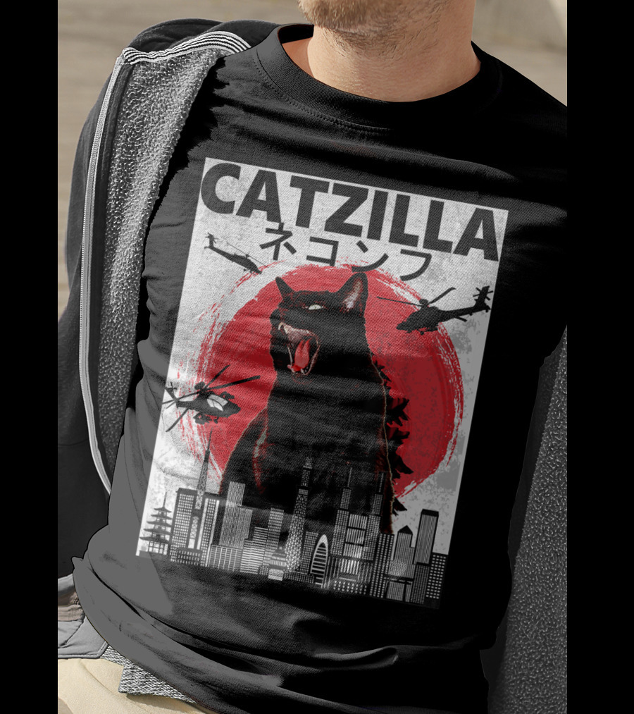 Catzilla Japanese Sunset Helicopters Cityscape Skyscraper Tower T-Shirt