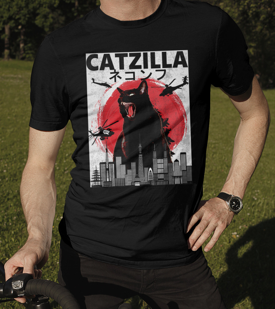 Catzilla Japanese Sunset Helicopters Cityscape Skyscraper Tower T-Shirt