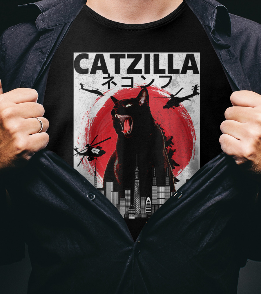 Catzilla Japanese Sunset Helicopters Cityscape Skyscraper Tower T-Shirt