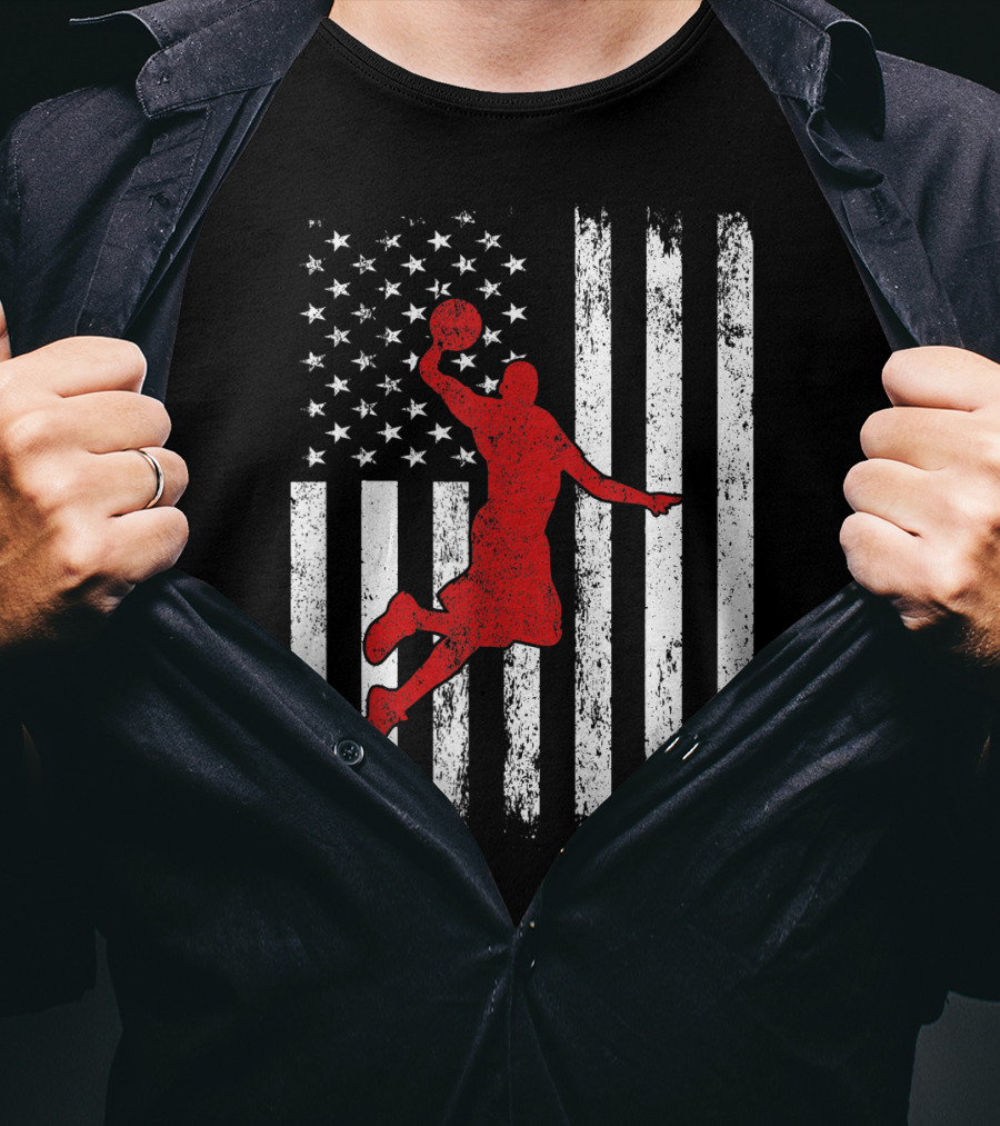 Proud American Basketball Vintage Flag Dunking T-Shirt