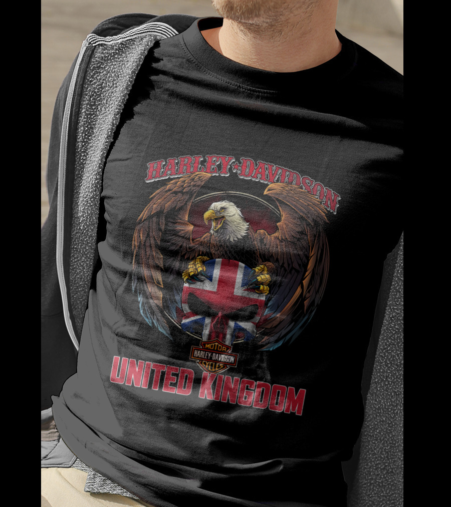 Harley Davidson Motor Cycles United Kingdom Eagle And Union Jack Skull T-Shirt
