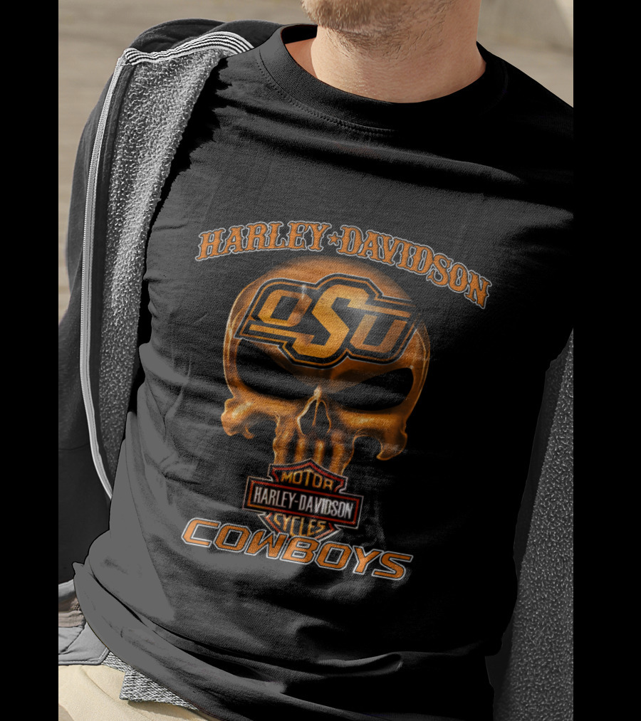 Harley Davidson Osu Motorcycles Cowboys Skull T-Shirt