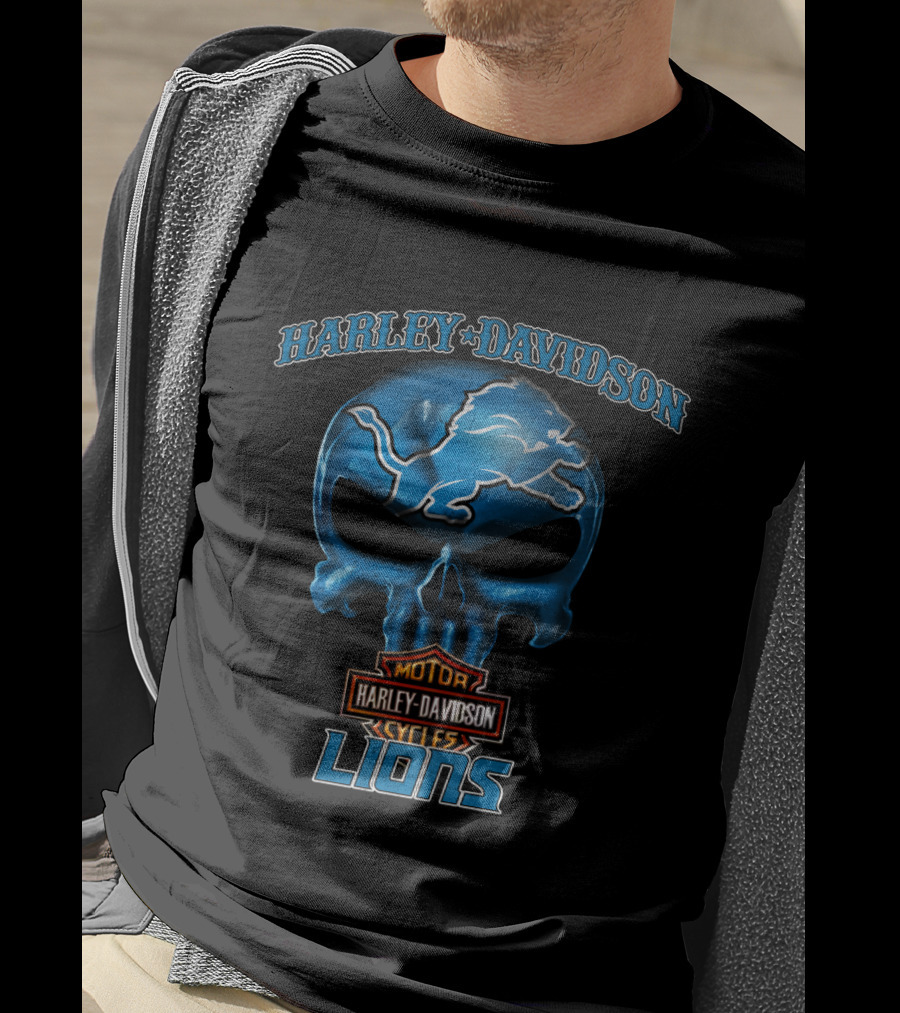 Harley Davidson Motor Cycles Lions Skull Detroit Nfl T-Shirt